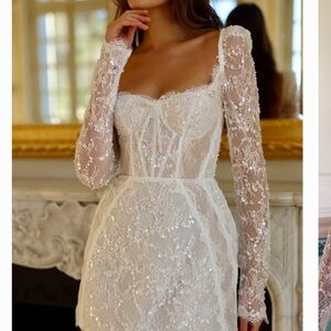 Lace Sequin Long Sleeve Mini Dress - White